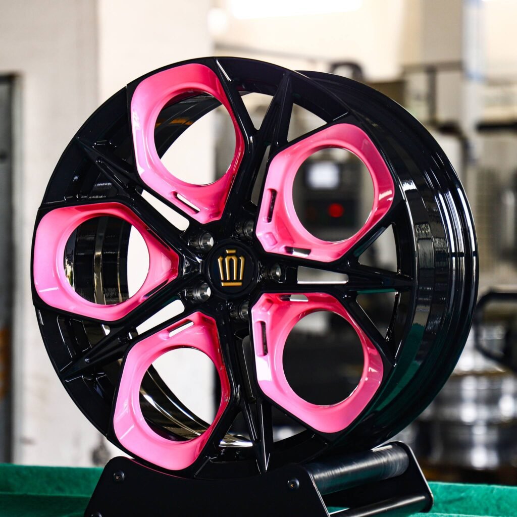 Toyota Supra wheels – Pink / Gloss Black Petal (Corona-Style), angled view
