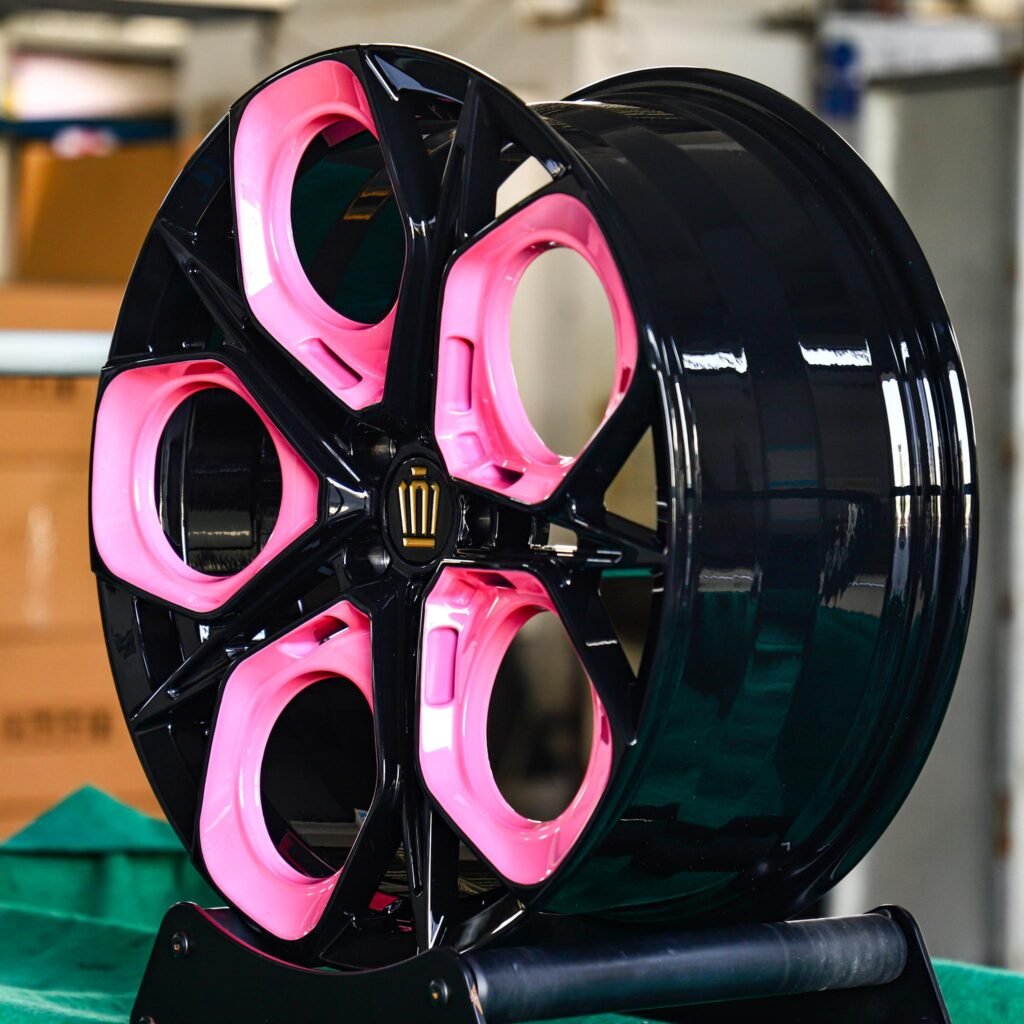 5x100 wheels – Pink / Gloss Black Petal (Corona-Style), side view