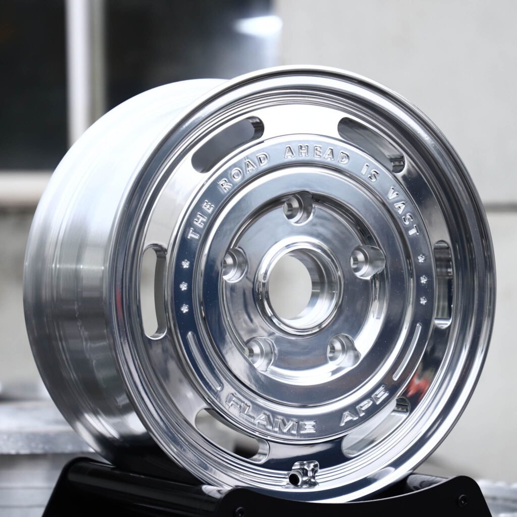 Toyota Land Cruiser wheels – Polished Steelie-Style Dish (Jeep Wrangler / Land Cruiser Off-Road Forged Wheels – Polished Steelie-Style), angled view