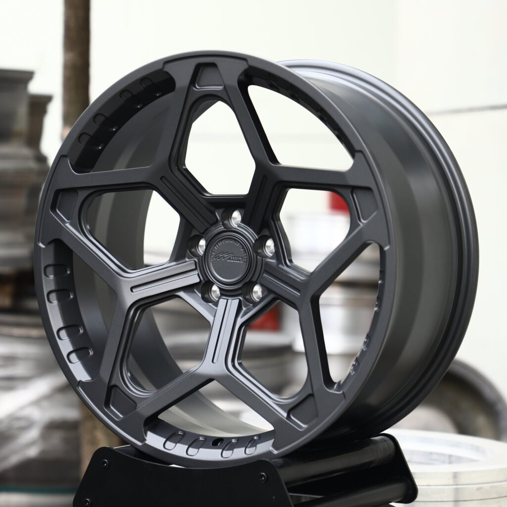 5x130 wheels – Matte Gunmetal Petal 5-Spoke, side view