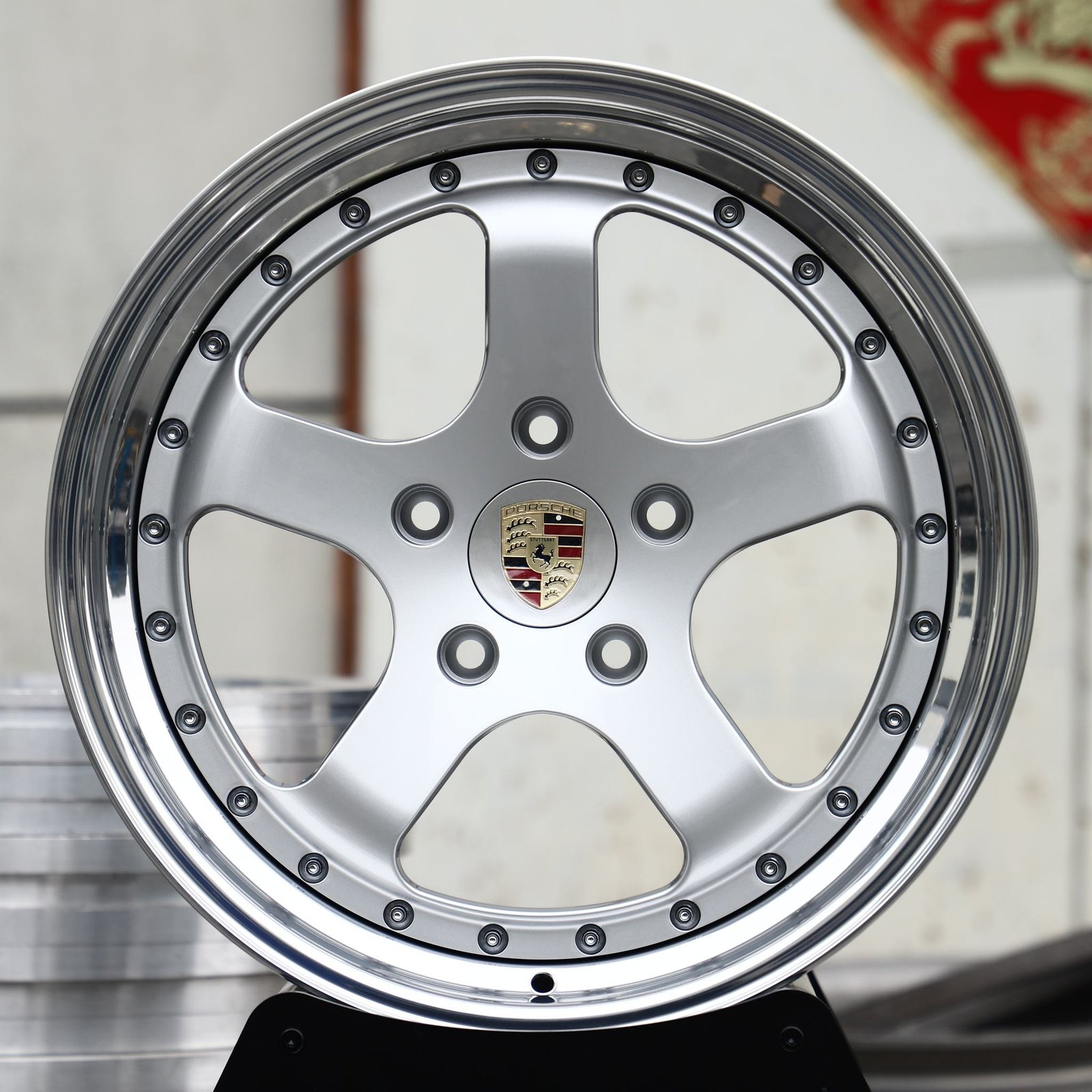 Porsche 911 wheels – Bright Silver 5-Spoke Deep Dish 2-Piece (Porsche OEM-Style), front view