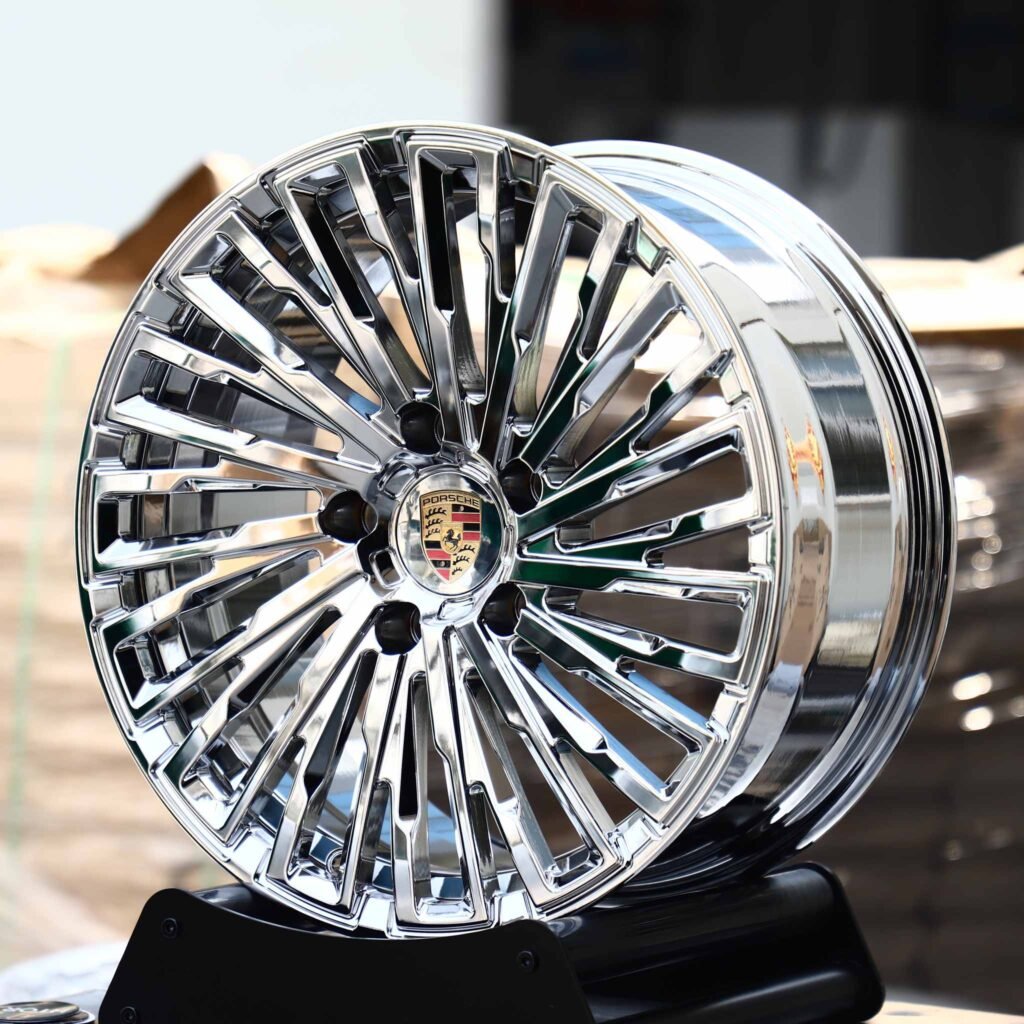 Porsche Panamera wheels – Chrome Multi-Spoke Turbine (Porsche OEM-Style), angled view