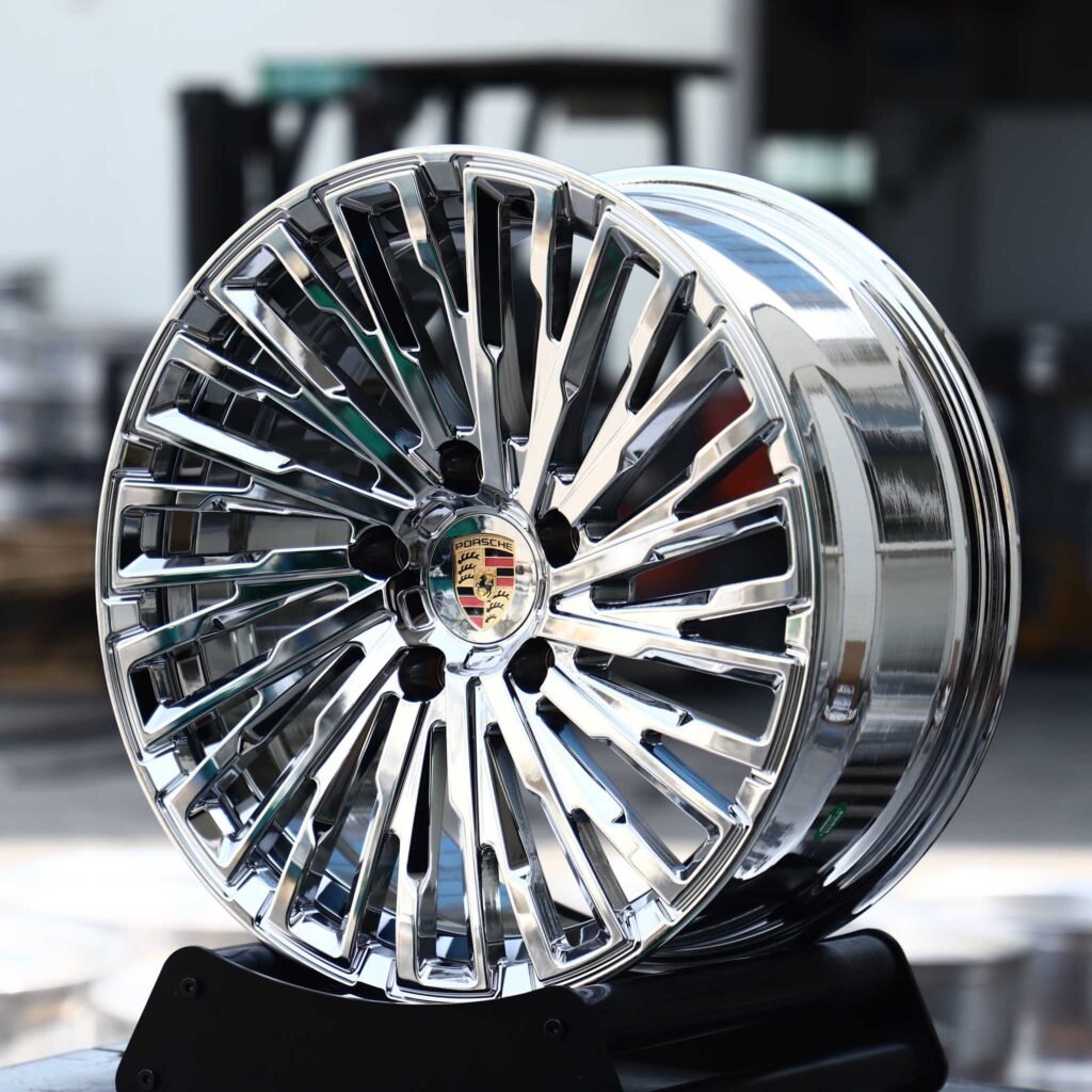 Porsche Panamera wheels – Chrome Multi-Spoke (Porsche OEM-Style), angled view