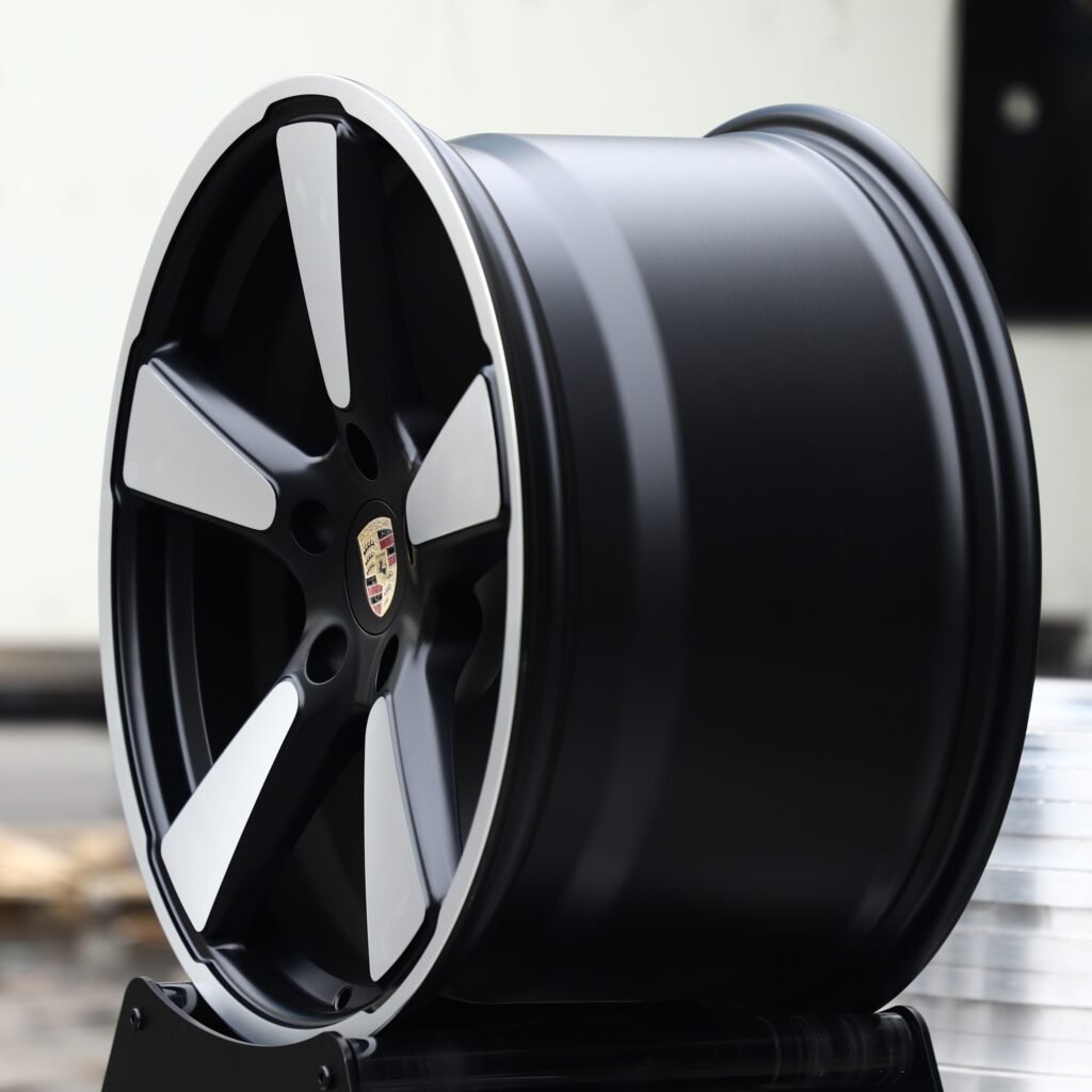 5x130 wheels – Gloss Black / Machined 5 Split-Spoke (Porsche OEM-Style), side view