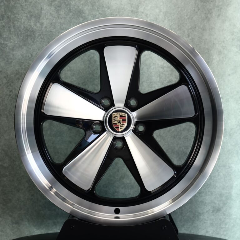 Porsche 911 wheels – Gloss Black Machined 5-Spoke Polished Lip (Porsche OEM-Style), front view