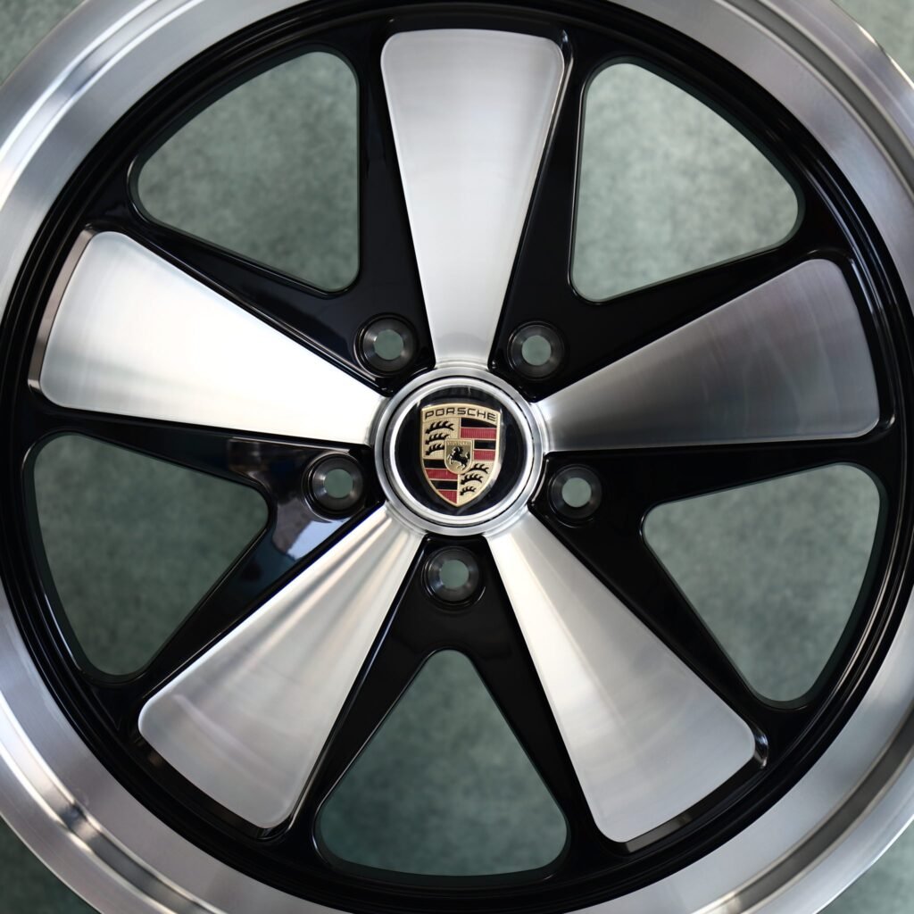 Porsche Panamera wheels – Gloss Black Machined 5-Spoke Polished Lip (Porsche OEM-Style), angled view