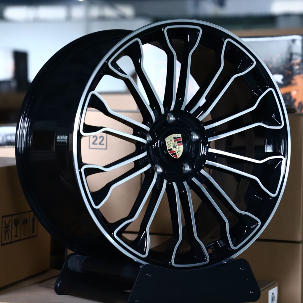 Porsche Panamera wheels – Gloss Black Machined Multi-Spoke (Porsche OEM-Style), angled view