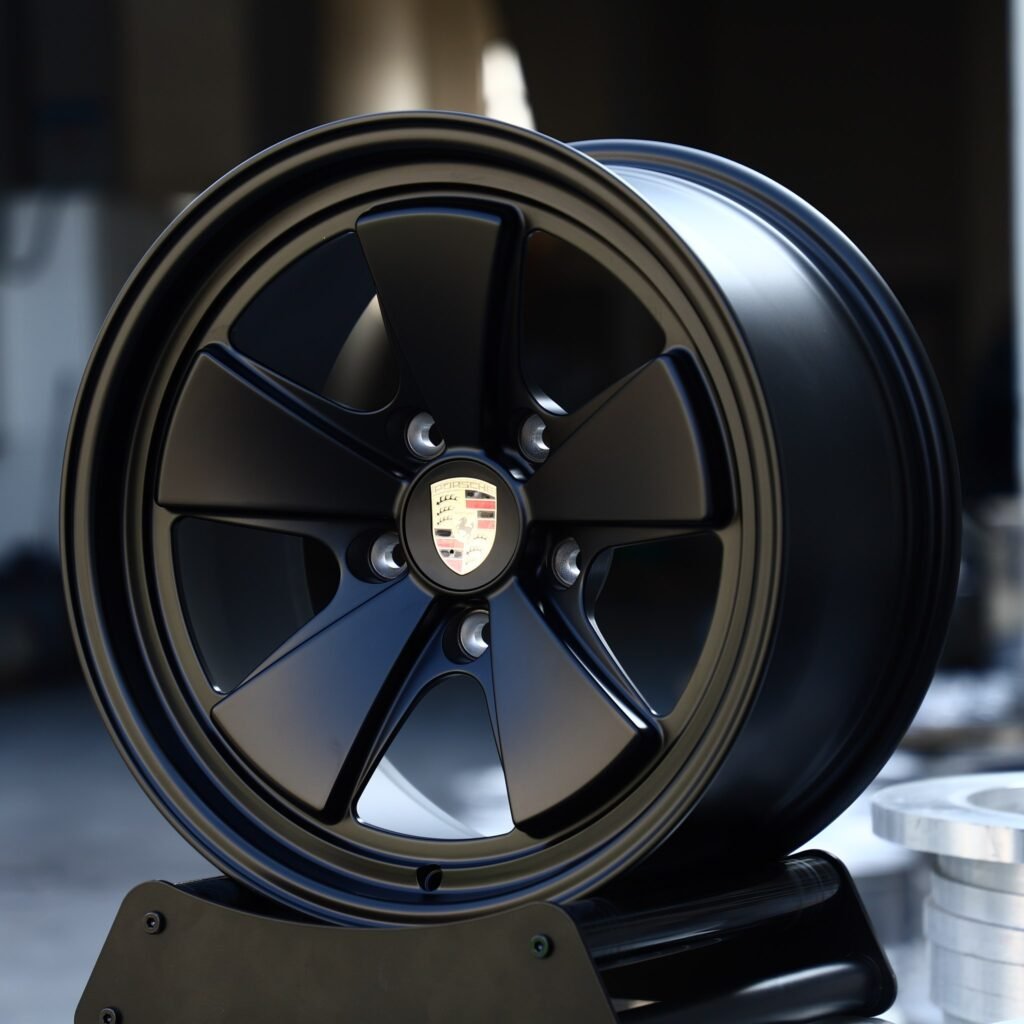 Porsche Panamera wheels – Matte Black 5-Spoke (Porsche OEM-Style), angled view