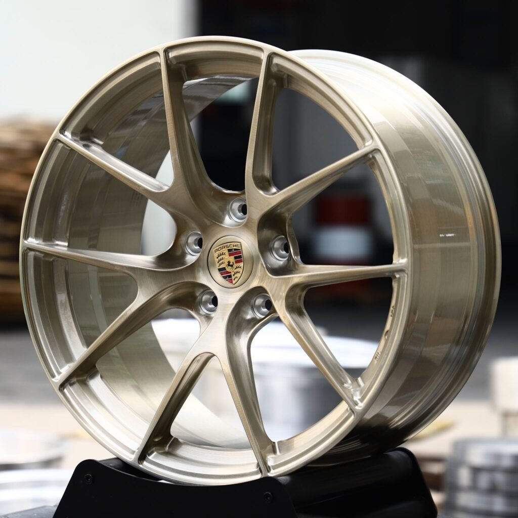 Porsche Panamera wheels – Transparent Gold 5 Y-Spoke (Porsche OEM-Style), angled view