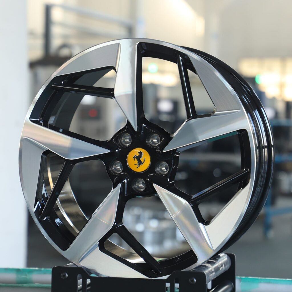 Porsche Panamera wheels – Gloss Black 5-Spoke Machined Face, angled view