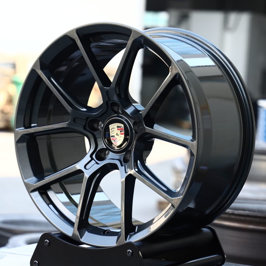Porsche Panamera wheels – Gloss Black / Gunmetal / Gray 5 Y-Spoke, angled view