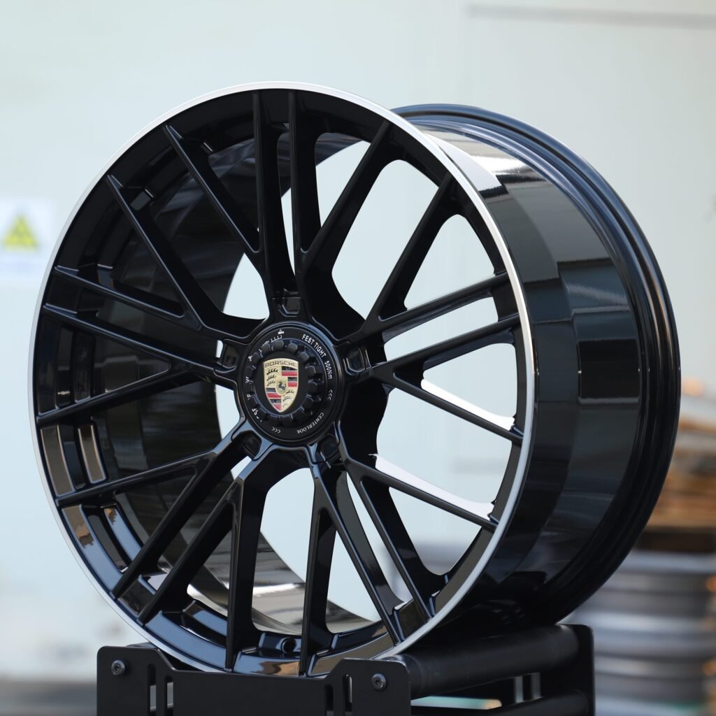 Porsche Panamera wheels – Gloss Black Multi-Spoke Machined Lip, angled view