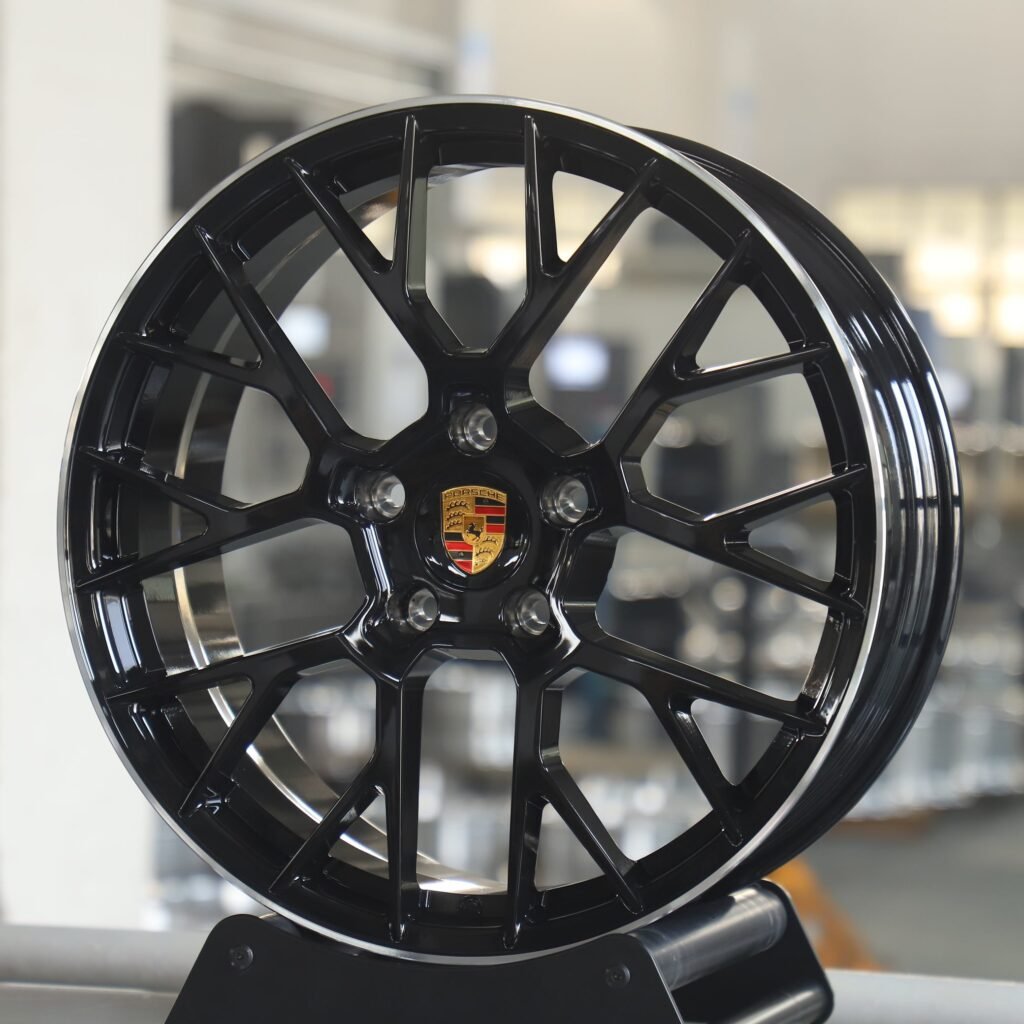 Porsche 911 991 wheels – Matte Silver 10 Y-Spoke Machined Lip (Porsche OEM-Style), angled view