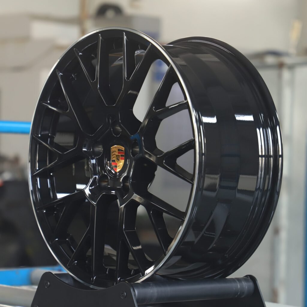 Porsche 718 Cayman wheels – Matte Silver 10 Y-Spoke Machined Lip (Porsche OEM-Style), lip and barrel detail