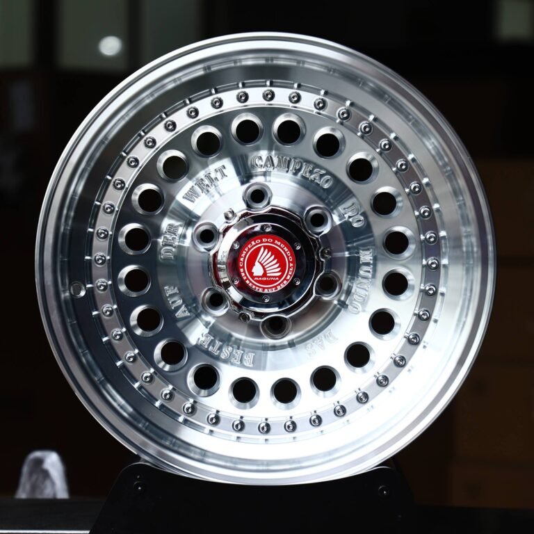 Jeep Wrangler wheels – Mirror Polished Perforated Dish Riveted Deep Lip (Raguna-Style), front view