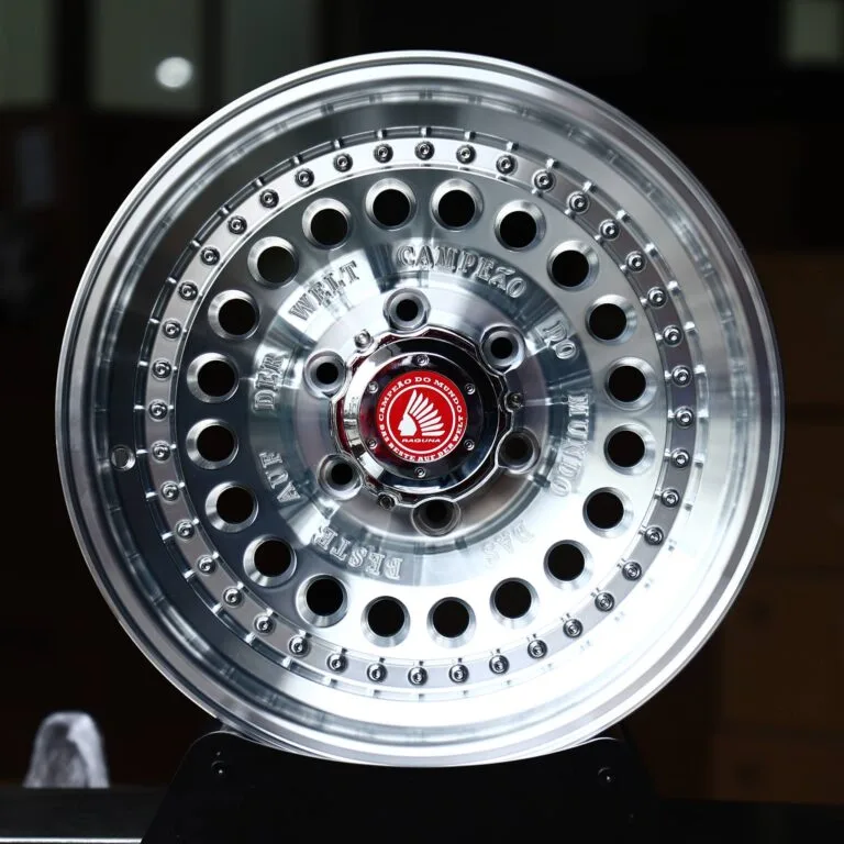 Raguna-Style Mirror Polished Perforated Dish Riveted Deep Lip Off-Road Forged Wheels – Jeep Wrangler / Defender, front view