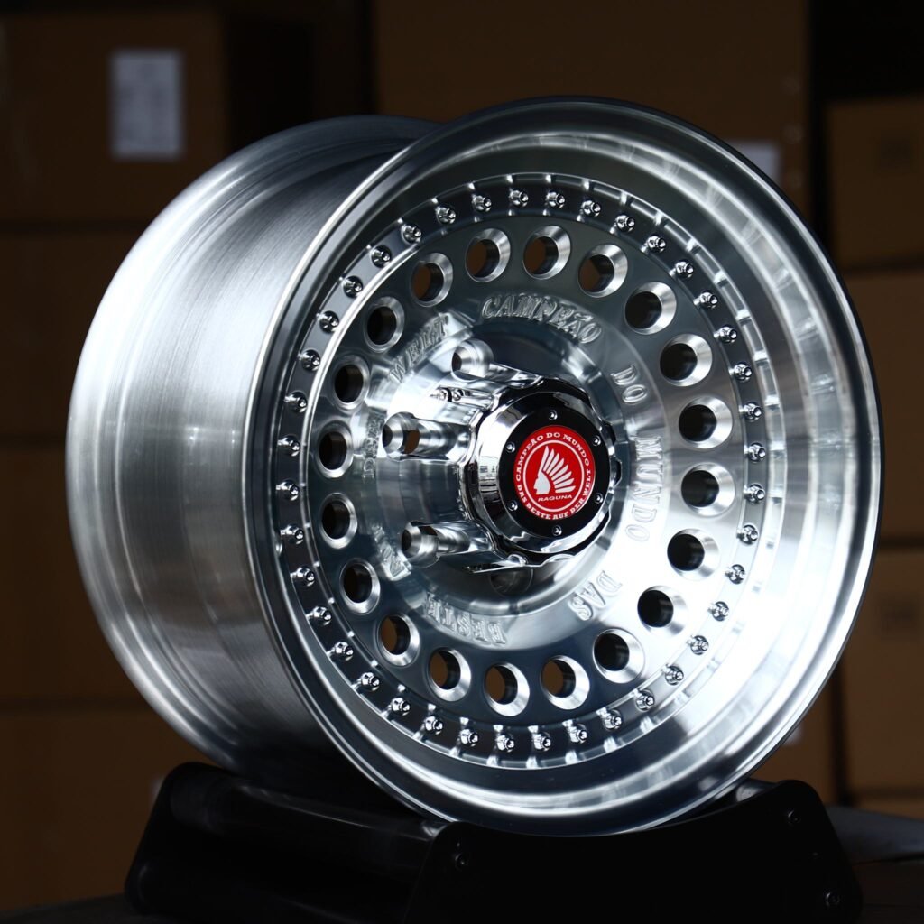 Land Rover Defender wheels – Mirror Polished Perforated Dish Riveted Deep Lip (Raguna-Style), angled view