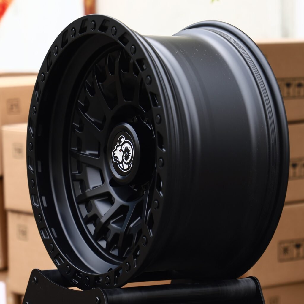 8x165.1 wheels – Matte Black Spiral Multi-Spoke Beadlock (Ram OEM-Style), side view