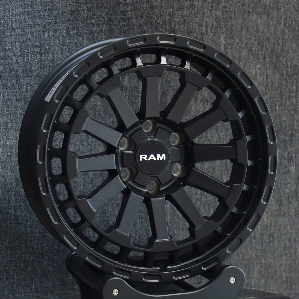 Ram 1500 wheels – Custom Finish 12-Spoke Double Ring Lip (Ram OEM-Style), angled view