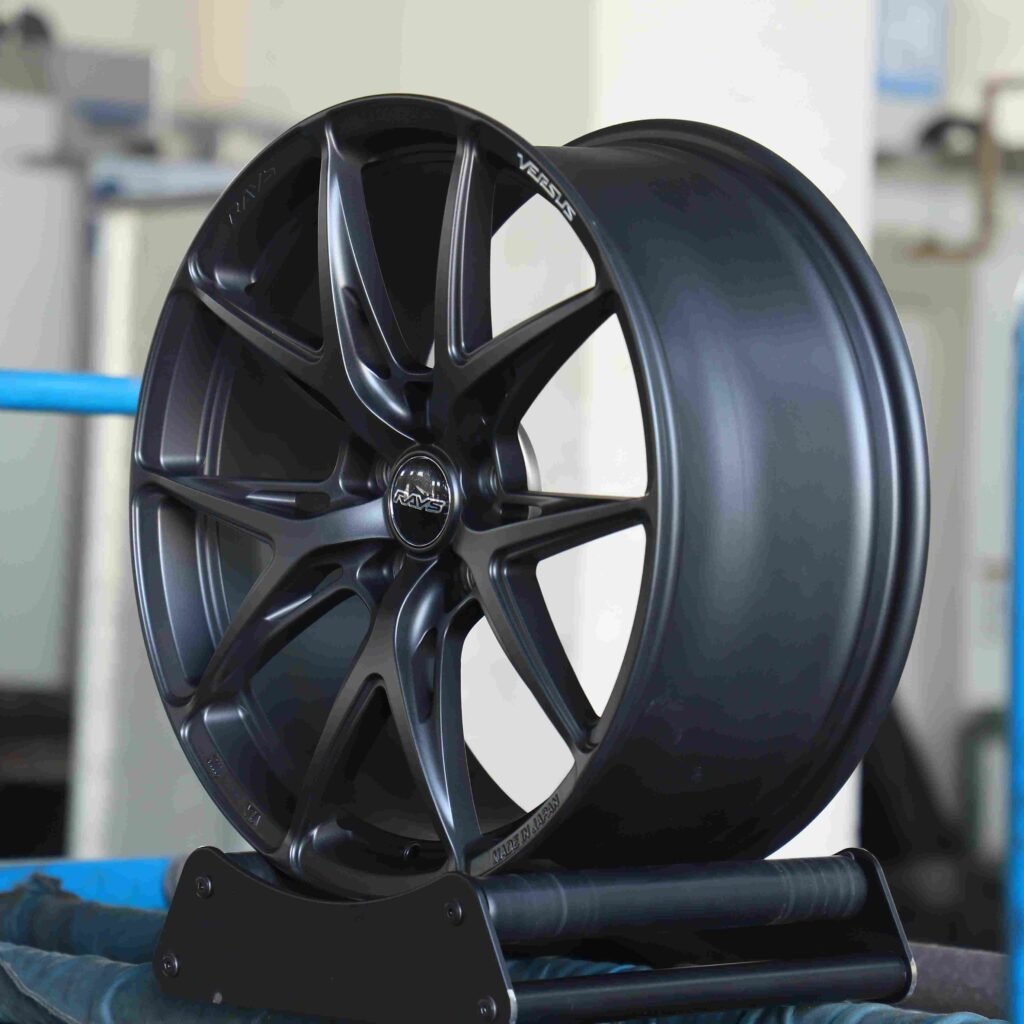 Subaru WRX wheels – Rays Side-Milled Gloss Black 5 Y-Spoke, lip and barrel detail