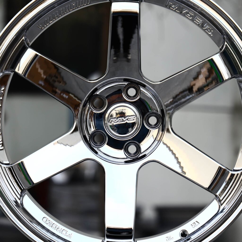 Toyota GR Supra wheels – Chrome 6-Spoke (Rays-Style), lip and barrel detail