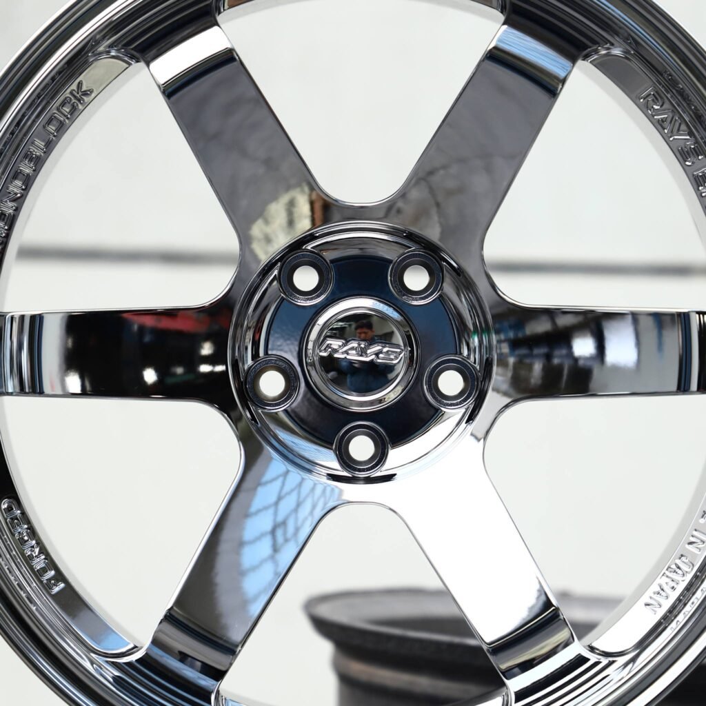 Toyota GR Supra wheels – Chrome 6-Spoke (Rays-Style), lip and barrel detail