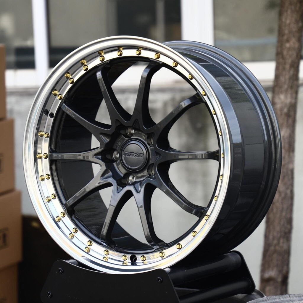 BMW M3 wheels – Gloss Black 10-Spoke Polished Lip (Rays-Style), angled view