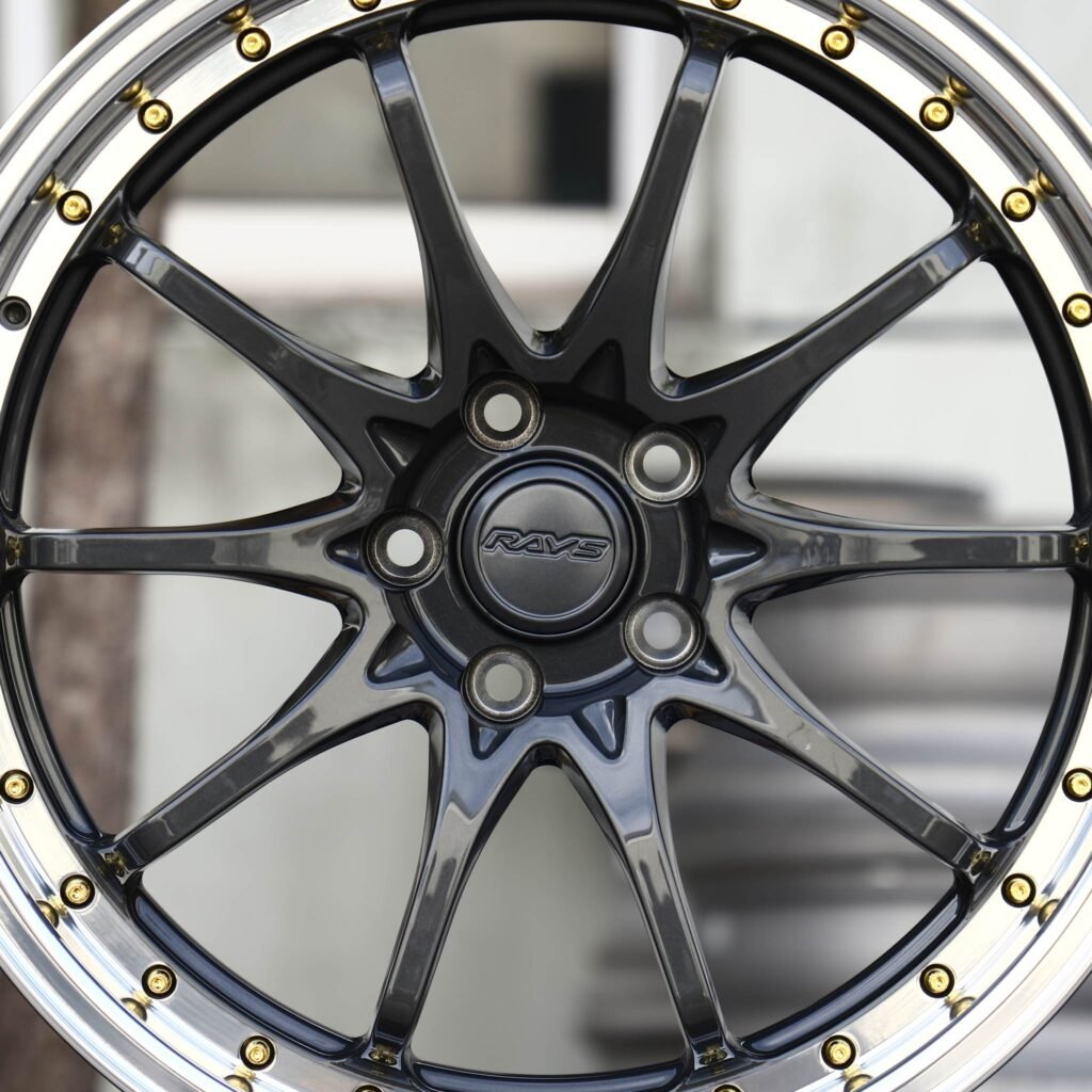 Toyota GR Supra wheels – Gloss Black 10-Spoke Polished Lip (Rays-Style), lip and barrel detail