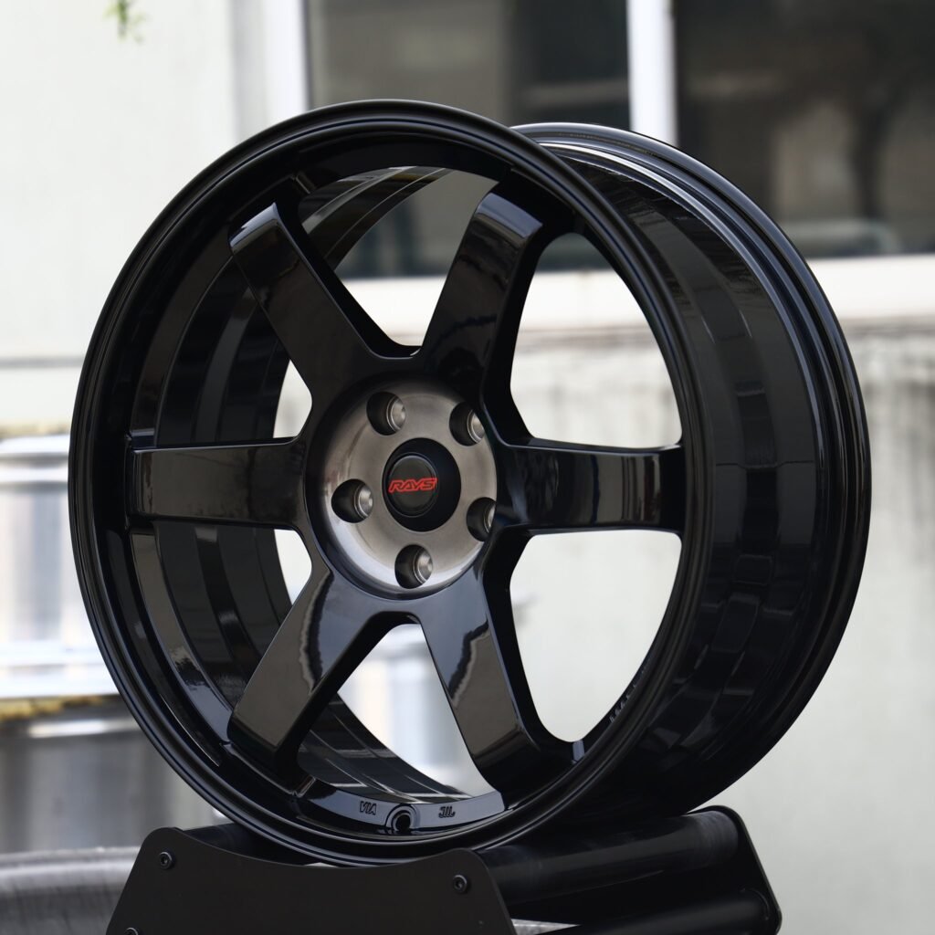 BMW M3 wheels – Gloss Black 6-Spoke (Rays-Style), angled view
