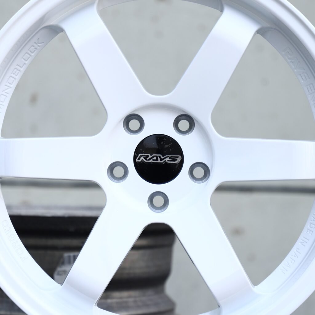 Toyota GR Supra wheels – Gloss White 6-Spoke (Rays-Style), lip and barrel detail