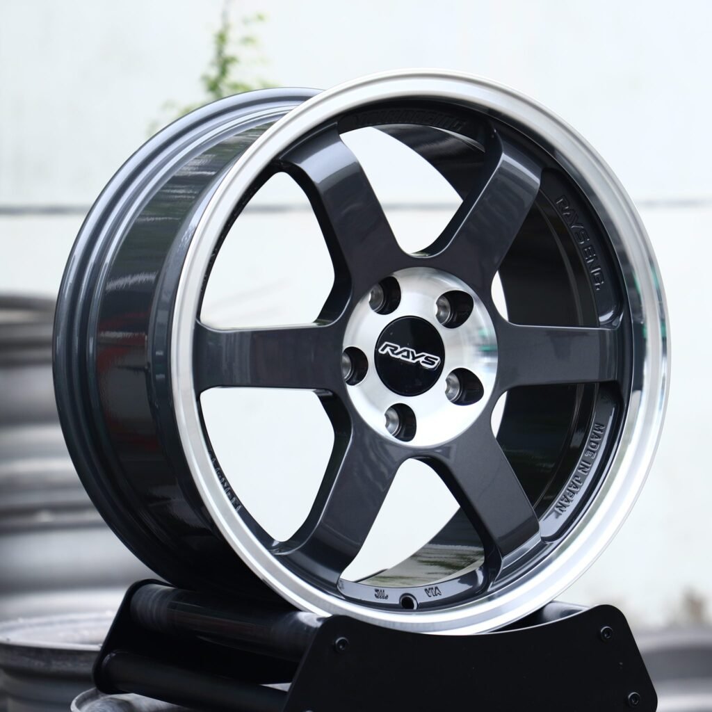 BMW M3 wheels – Gunmetal 6-Spoke Polished Lip (Rays-Style), angled view