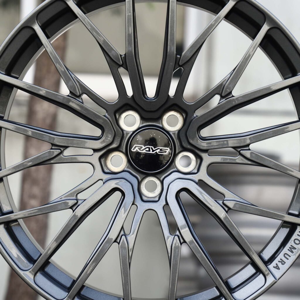 Toyota GR Supra wheels – Gunmetal Mesh Multi-Spoke (Rays-Style), lip and barrel detail