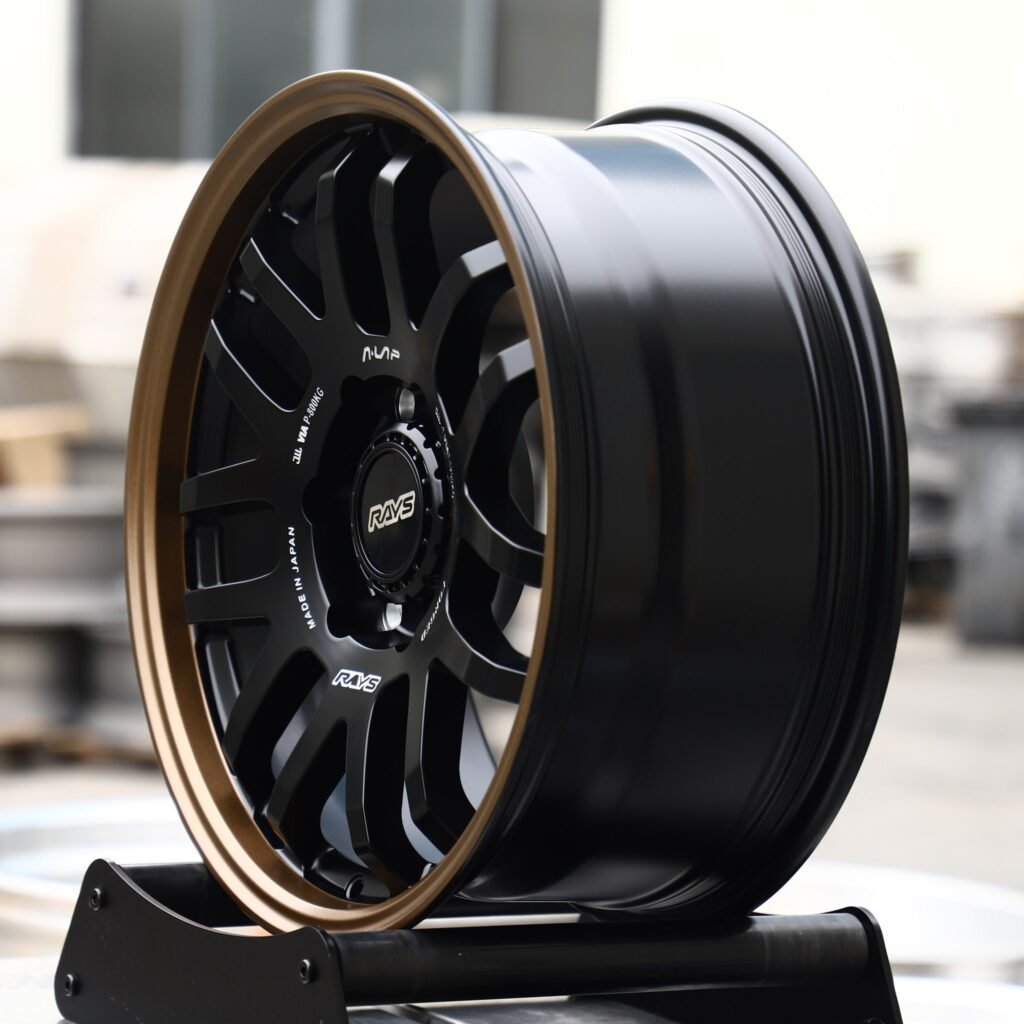 6x135 wheels – Matte Black 12-Spoke Bronze Lip (Rays-Style), side view