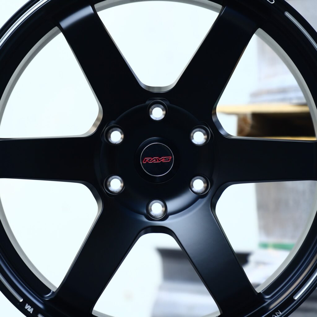 Ford F-150 wheels – Matte Black 6-Spoke (Rays-Style), angled view