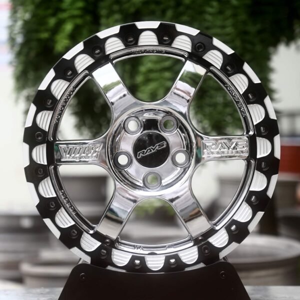 Honda Civic Type R wheels – Mirror Polished 6-Spoke Black-Ring Beadlock (Rays-Style), front view