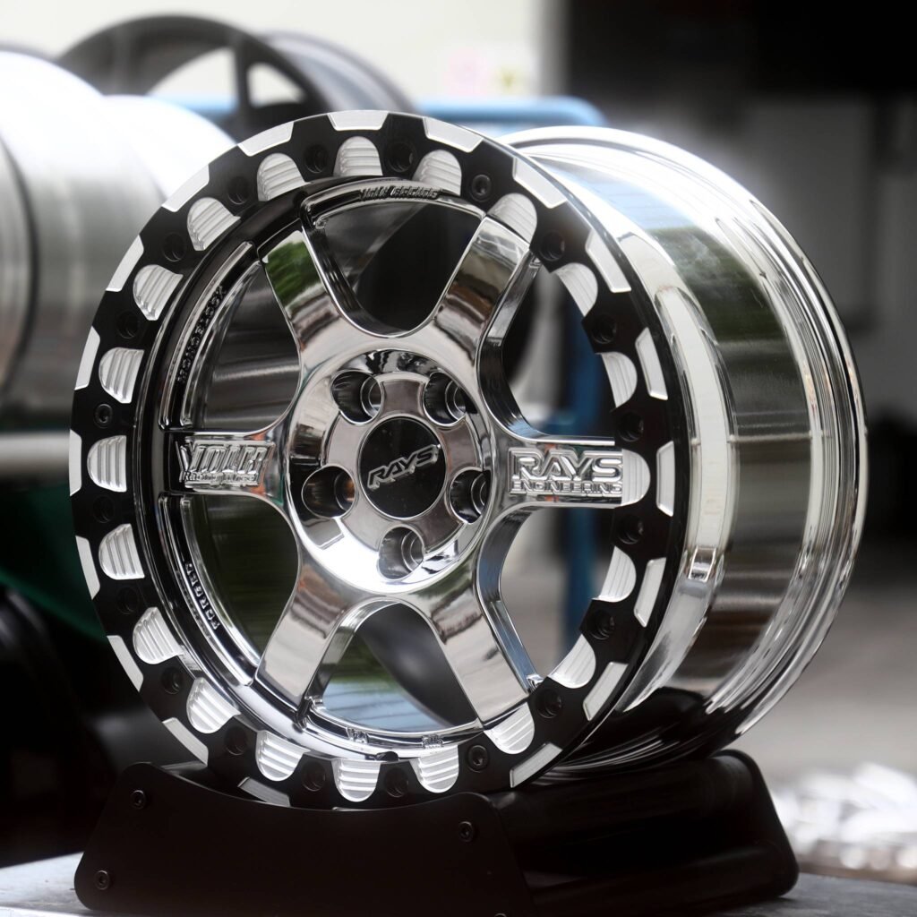Toyota GR Supra wheels – Mirror Polished 6-Spoke Black-Ring Beadlock (Rays-Style), angled view