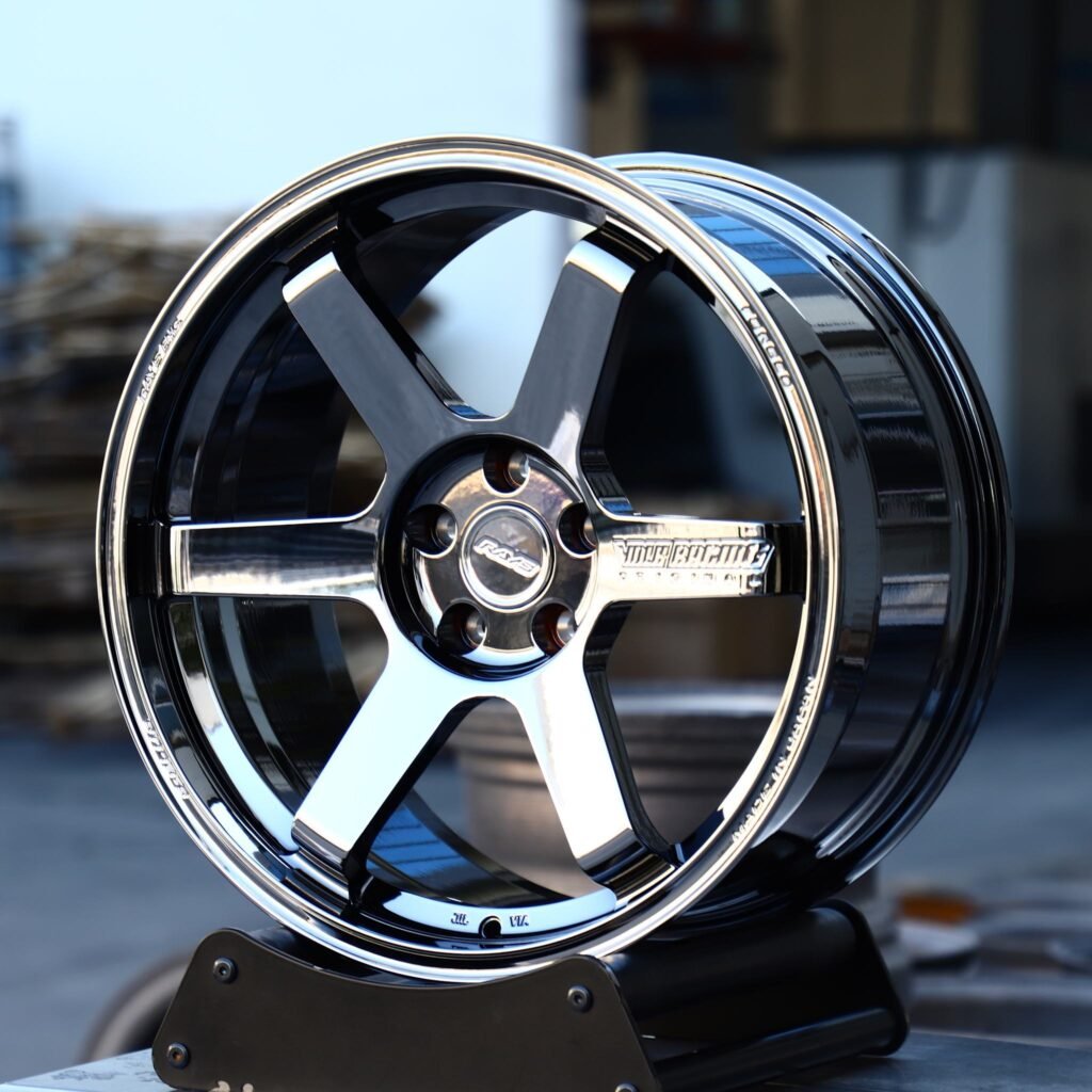 Subaru WRX wheels – Black Chrome 6-Spoke (Rays Volk Racing TE37-Style), angled view