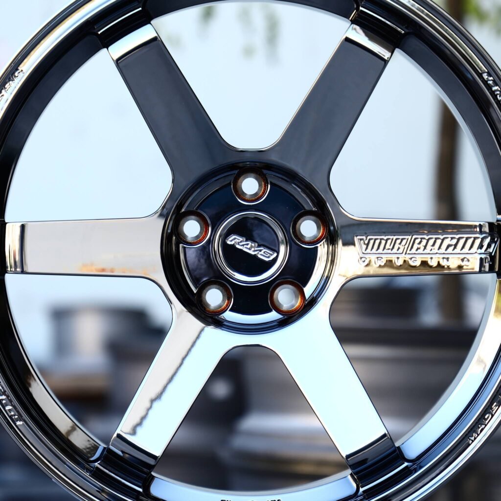Nissan GT-R R35 wheels – Black Chrome 6-Spoke (Rays Volk Racing TE37-Style), lip and barrel detail