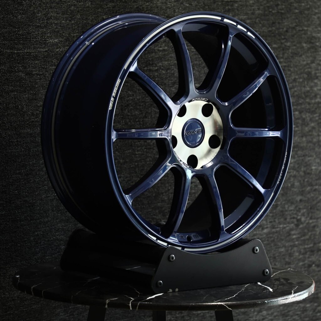 Honda Civic Type R wheels – Blue 10-Spoke (Rays Volk Racing CE28N-Style), angled view