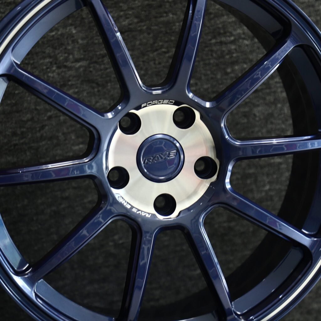Subaru WRX wheels – Blue 10-Spoke (Rays Volk Racing CE28N-Style), lip and barrel detail