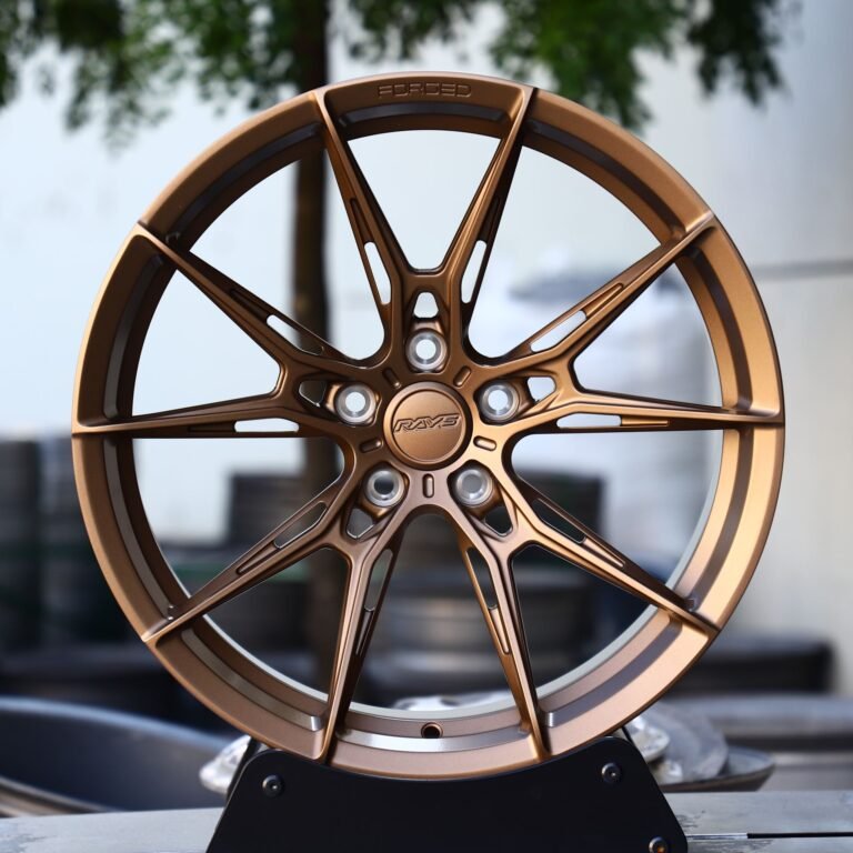 Nissan 370Z wheels – Rays Volk Racing Bronze 5 Y-Spoke Side-Milled, front view