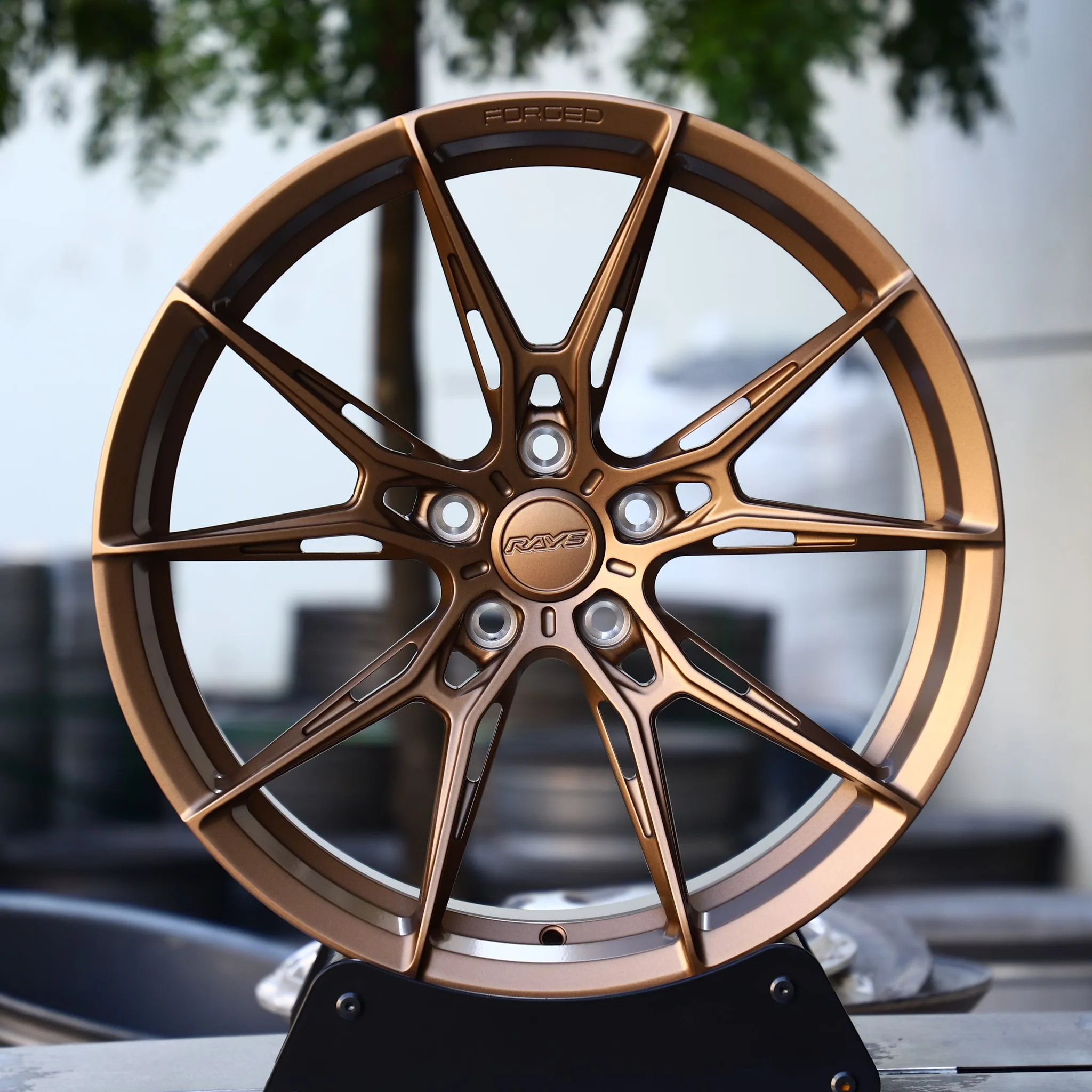 Nissan 370Z wheels – Rays Volk Racing Bronze 5 Y-Spoke Side-Milled, front view