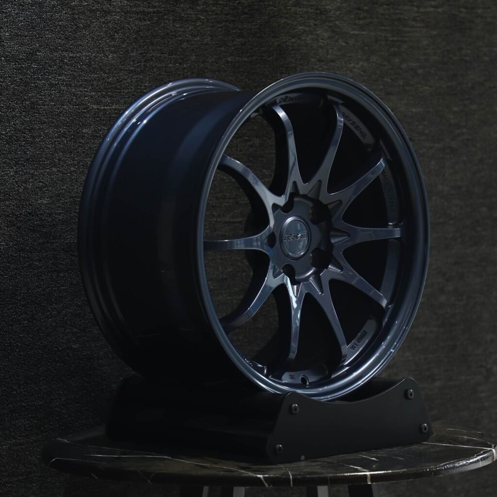 Honda Civic Type R wheels – Blue 10-Spoke (Rays Volk Racing CE28N-Style), angled view