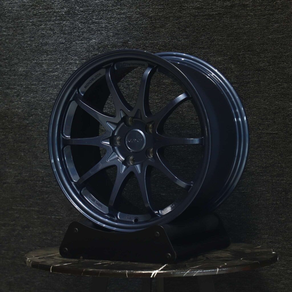 5x114.3 wheels – Blue 10-Spoke (Rays Volk Racing CE28N-Style), side view