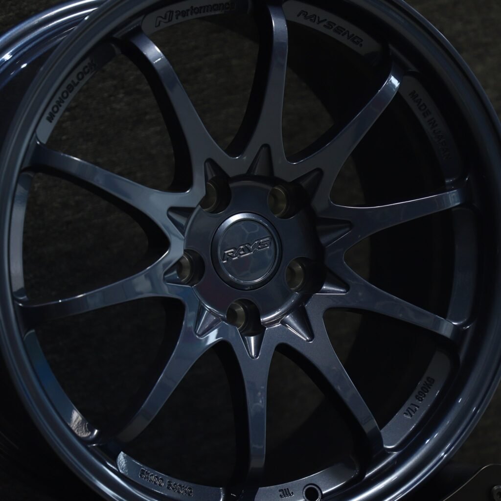 Subaru WRX wheels – Blue 10-Spoke (Rays Volk Racing CE28N-Style), lip and barrel detail