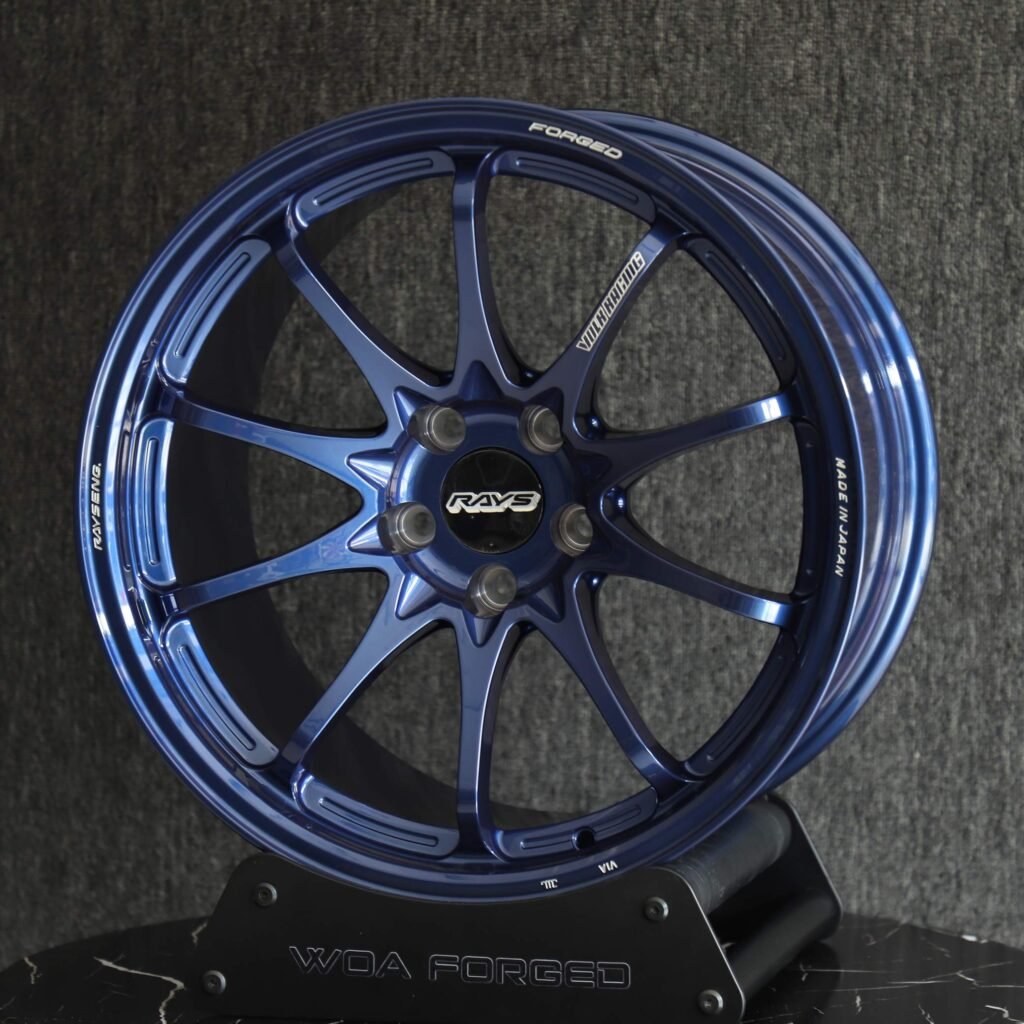 Nissan GT-R wheels – Bright Blue 10-Spoke (Rays Volk Racing CE28N-Style), angled view