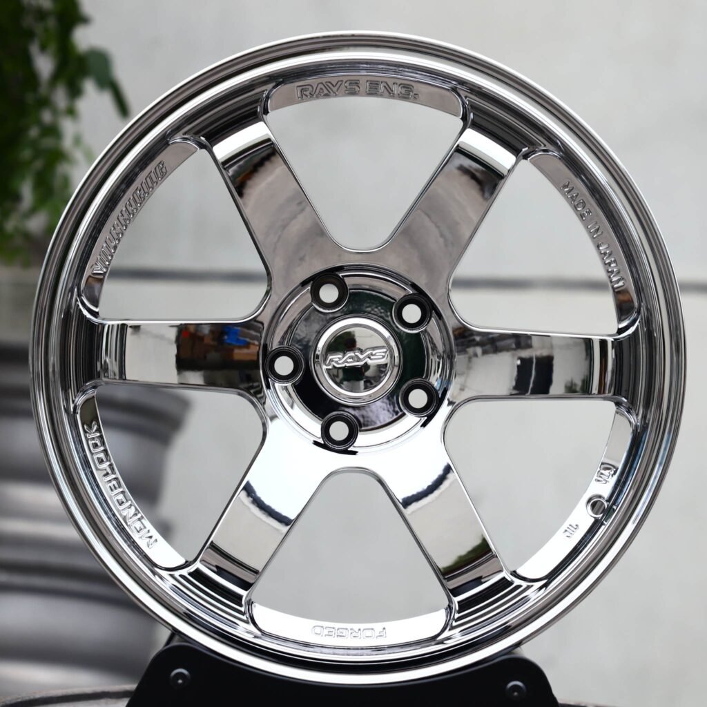 Toyota GR86 wheels – Chrome 6-Spoke (Rays Volk Racing TE37-Style), front view