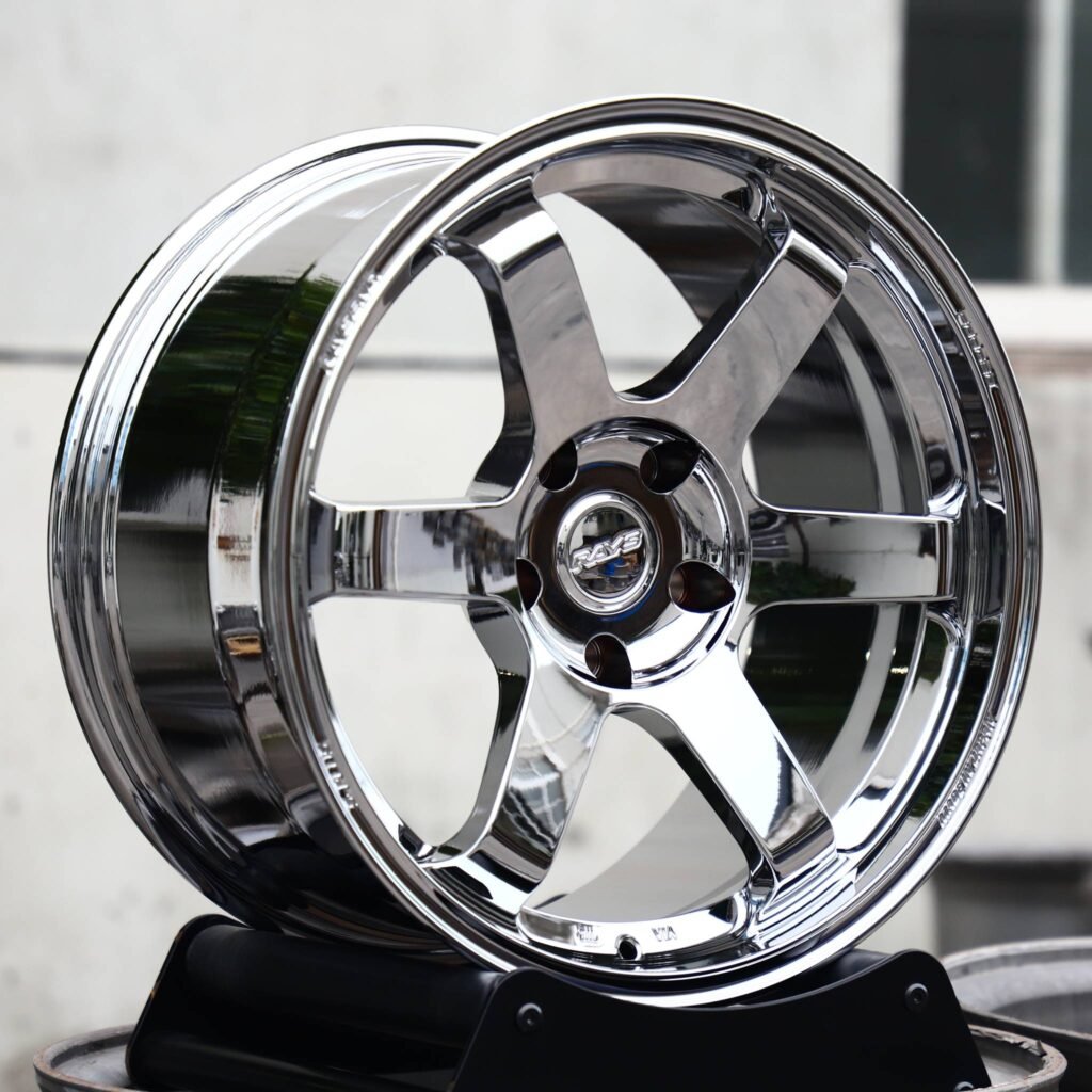 Subaru WRX wheels – Chrome 6-Spoke (Rays Volk Racing TE37-Style), angled view