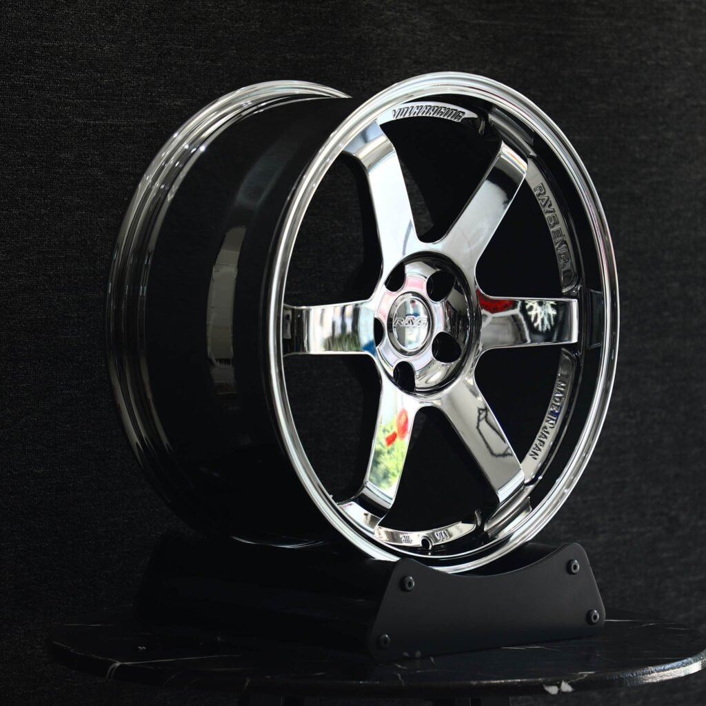 Subaru WRX wheels – Chrome Silver 6-Spoke (Rays Volk Racing TE37-Style), angled view