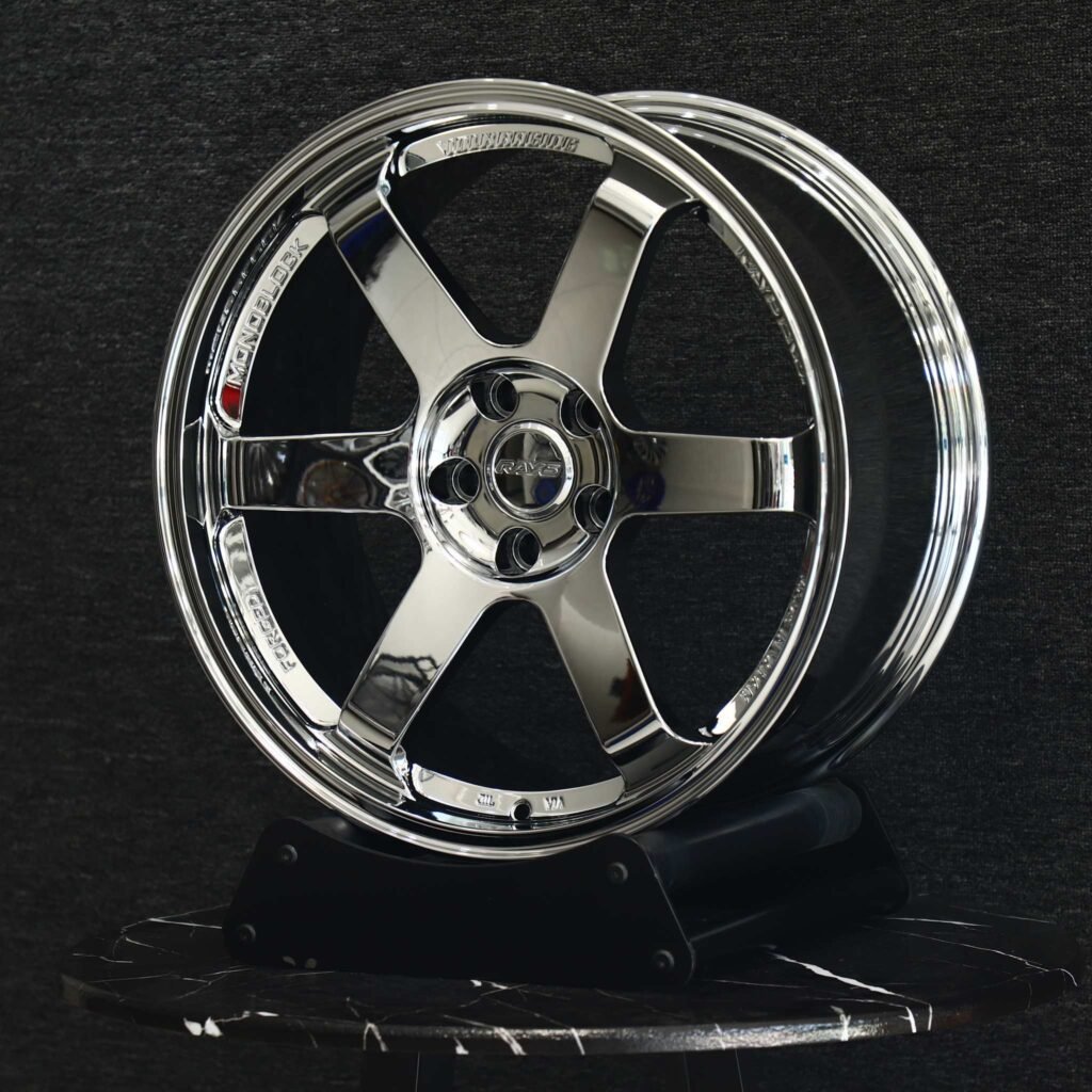 5x100 wheels – Chrome Silver 6-Spoke (Rays Volk Racing TE37-Style), side view